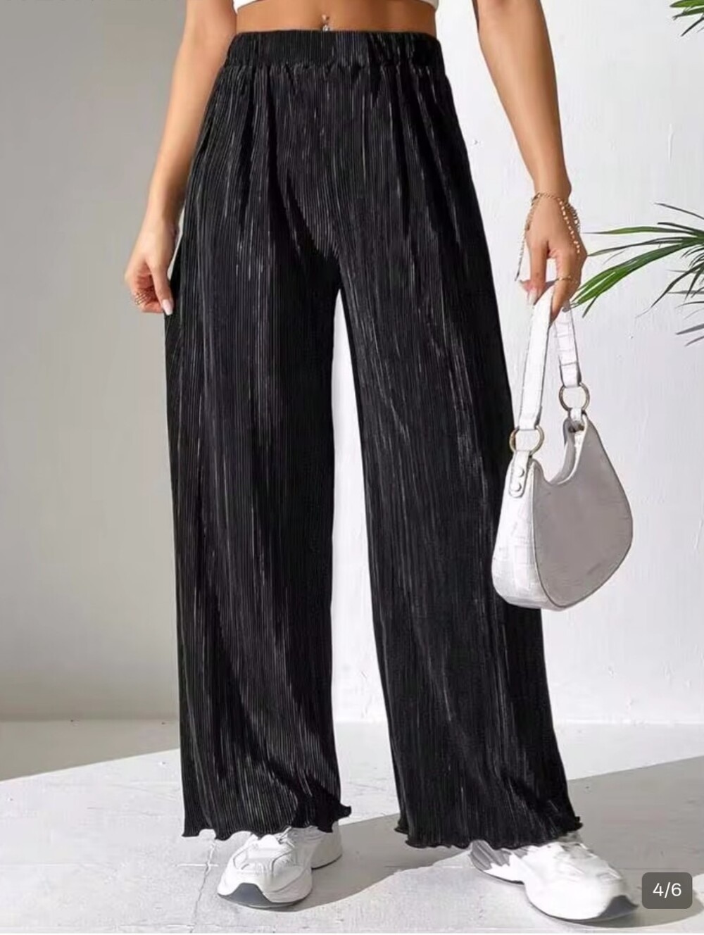 SHEIN Pleated High-Waisted Wide Leg Pants with Vertical Pleats XXS Black